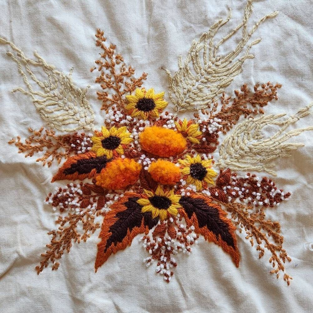 Vintage 70s embroidered floral textile orange Autumn sunflower foliage